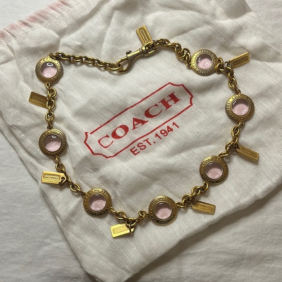 COACH Chainlink Necklace, soft pink Crystal, gold tone hardware, and logo tags. - Picture 2 of 2